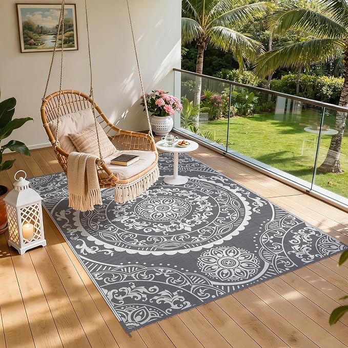 Pauwer Waterproof Outdoor Rug 6x9, Reversible Plastic Straw Patio Camping Rug, Indoor Outdoor RV Mat Carpet for Deck, Camper, Porch, Balcony, Backyard, Picnic, Paisley Grey