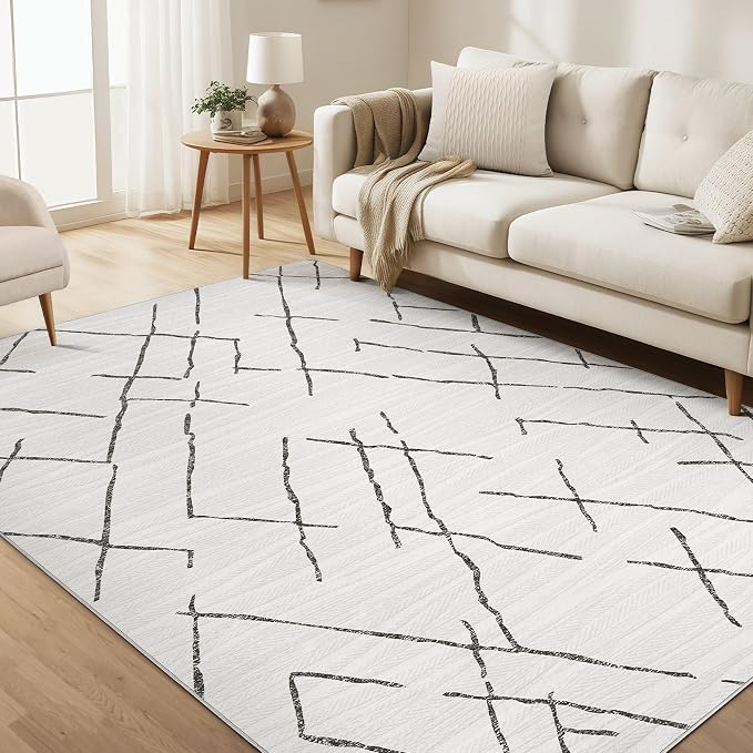kakania Washable 5x7 Area Rug for Living Room: Boho Geometry Home Decor | Soft Stain Resistant, Low-Pile, Non-Slip, Pet & Kid Friendly, Thin Rug for Bedroom/Dining Room/Kids Dorm - Light Grey