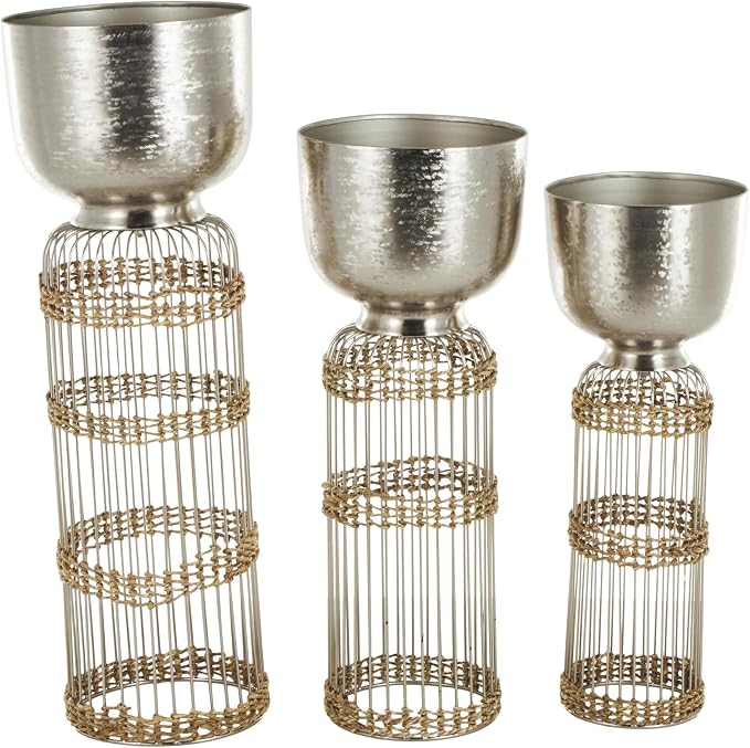 Deco 79 Metal Indoor Planter Textured Dome Large Planter Pot with Woven Seagrass and Caged Rod Pedestal Base, Set of 3 Planters 32", 27", 24" H, Silver