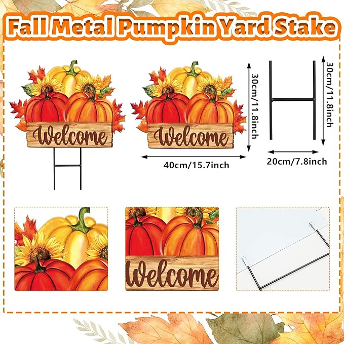 JarThenaAMCS Fall Yard Sign Autumn Pumpkin Metal Garden Stake Seasonal Welcome Lawn Sign for Thanksgiving Harvest Outdoor Patio Walkway Decoration