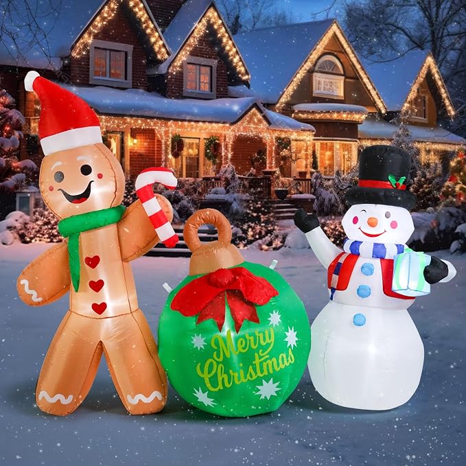 MUMTOP Inflatable Gingerbread Man-Christmas Inflatable Outdoor Decoration - 6.3 FT Gingerbread and Snowman Inflatables with Ball Blow Up Lighted Holiday Displays for Garden Yard Outside Decor