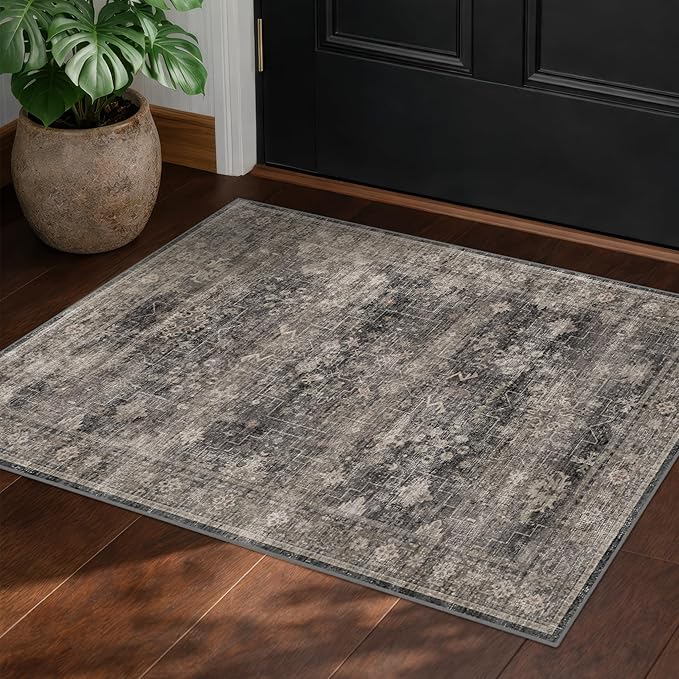 Washable Entryway Rug 2x3 - Low Pile Non-Slip Front Door Mat, Charcoal and Cream Stain Resistant Distressed Geometric Throw Carpet for Kitchen, Bathroom, Modern Boho Decor