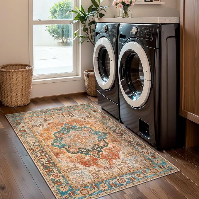 Tangsoo 2x3 Washable Rugs for Entryway, Vintage Non Slip Small Rug Orange | Oriental Indoor Front Door Rug, Boho Soft Low Pile Door Mat Carpet Throw Rugs for Entry Entrance Kitchen Bedroom Home Decor