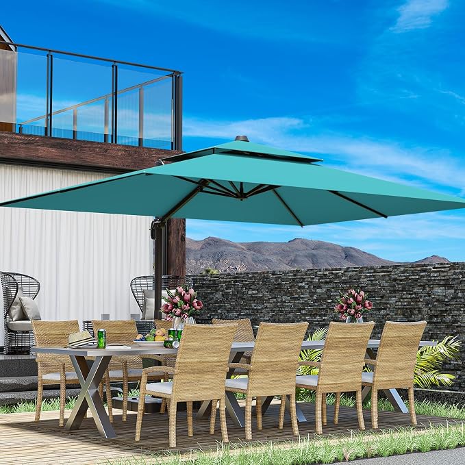 10x13FT Cantilever Outdoor Patio Umbrellas, Double Top Large Rectangle Umbrella, Heavy Duty 360° Rotation Offset Outdoor Sun Shade Umbrella for Garden Deck Pool Backyard Patio, Turquoise
