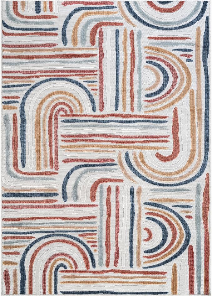 CAMILSON Indoor Outdoor Rug, Multicolor 10x14 Geometric Arch Striped Large Area Rugs for Patio and Home Areas, Easy-Cleaning Non-Shedding Living Room, Garden and Deck Washable Outside Carpet 10 x 14