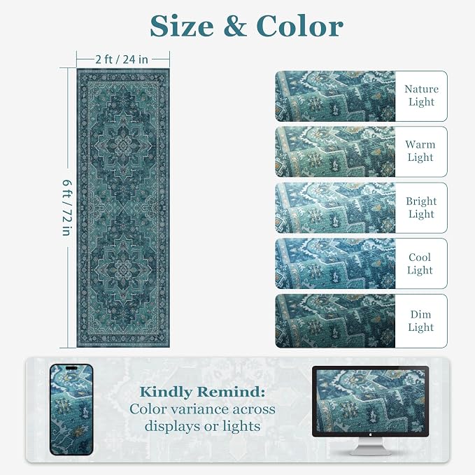 Teal 2x6 Runners for Kichen Floor Washable Non Skid, Boho Hallway Runner Rug for Entryway Front Door Foyer Mudroom, Vintage Medallion Carpet Runners 6ft for Bedroom Bathroom Laundry Room
