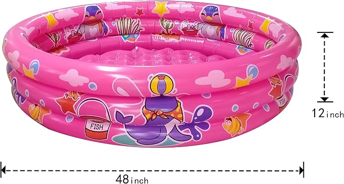 Big Summer 3 Rings Kiddie Pool, 48”X12”, Kids Swimming Pool, Inflatable Baby Ball Pit Pool, Small Infant Pool (Pink)