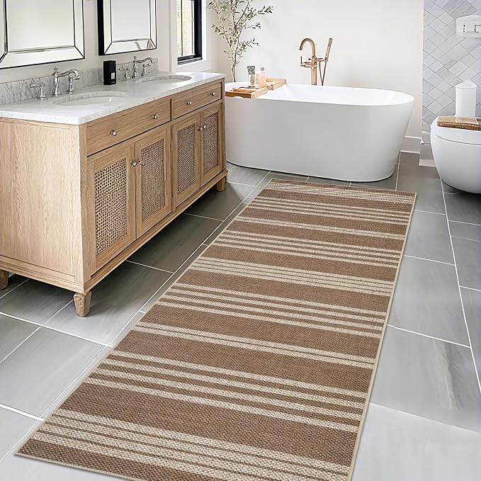 Garvee 2x6 Easy Jute Kitchen Rugs Washable Rugs for Hallway, Brown | Modern Line Print Area Rug Stain Resistant Easy Cleaning Throw Rugs Low Pile Floor Cover for Bedroom Laundry