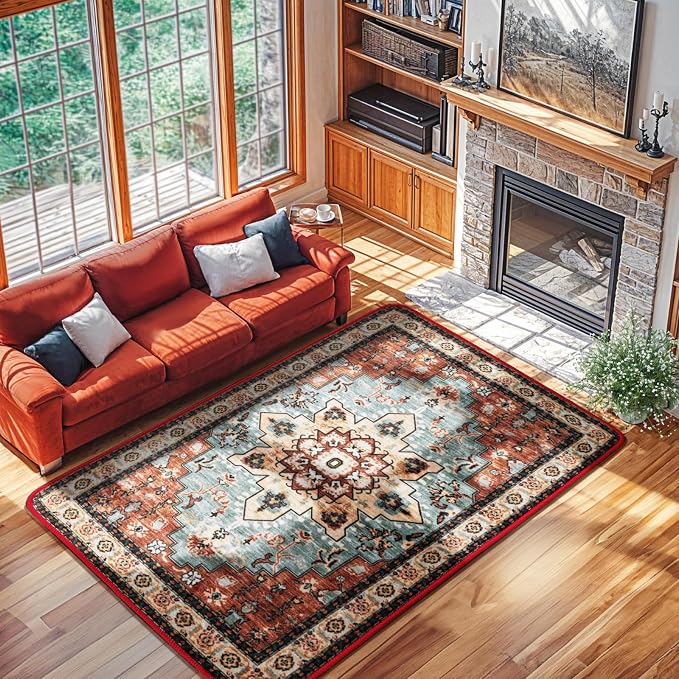 LBRO2M Machine Washable Rug Soft Pet Friendly Carpet 6X9 Red Teal | Area Rug 6X9 for Living Room, Bedroom, Dining Room, Home Office, Non Slip Carpet, Foldable Stain Resistant Rugs