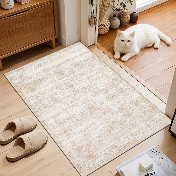 2x3 Area Rugs Living Room: Washable Rug for Bedroom Beige Brown | Boho No Slip Stain Resistant Rug Soft Indoor Decor Floor Floral 2x3 Area Rugs for Dining Room, Nursery, Hallway, Home Office