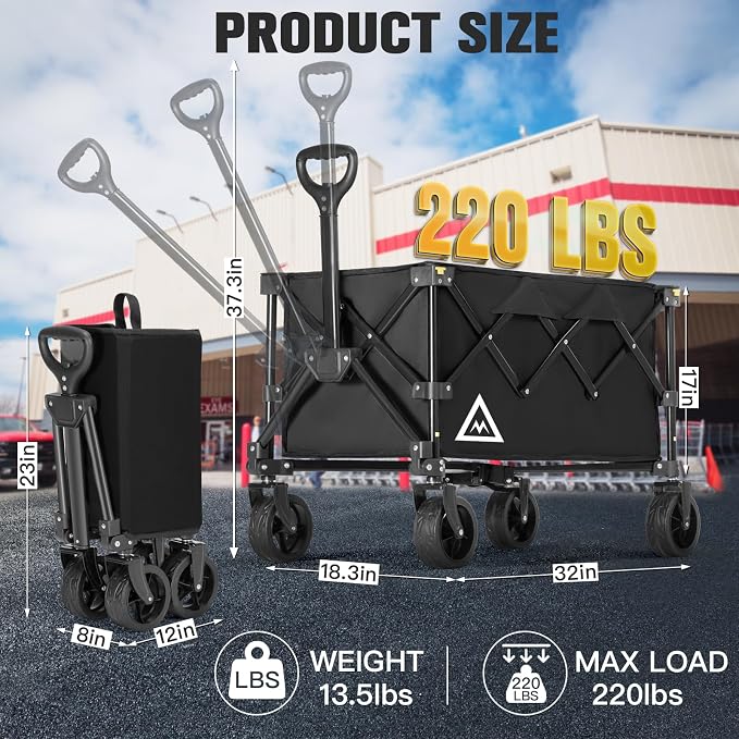 Wagon Cart Shopping Cart Large Capacity Collapsible Wagon with Wheels On Beach Garden Outdoor Utility Carts for Grocery All Terrain Portable Wagons Carts for Groceries Sand Camping Sports Black