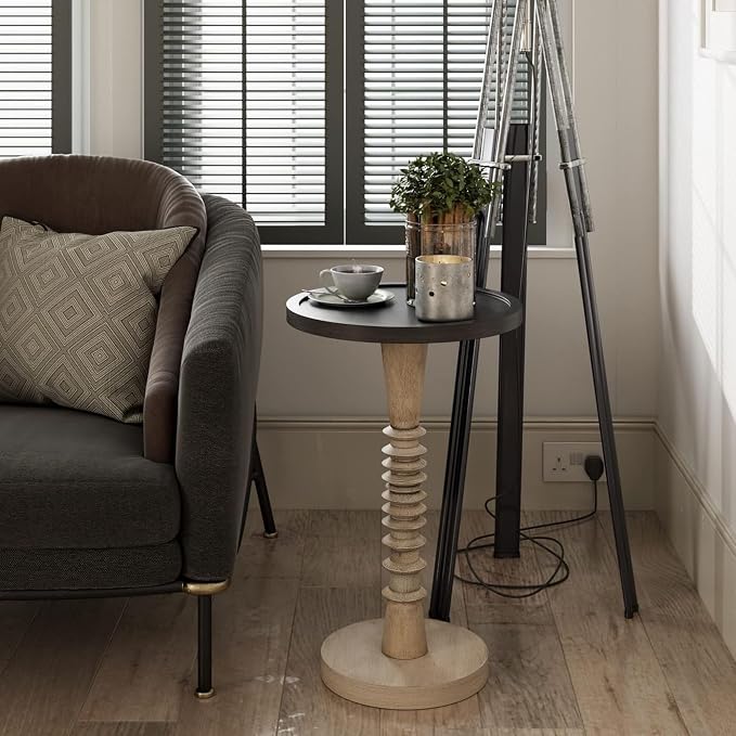 COZAYH Pedestal Small Drinking Table, Farmhouse Tray Top End Table, Distressed Finish, Black Top on Aging White Frame