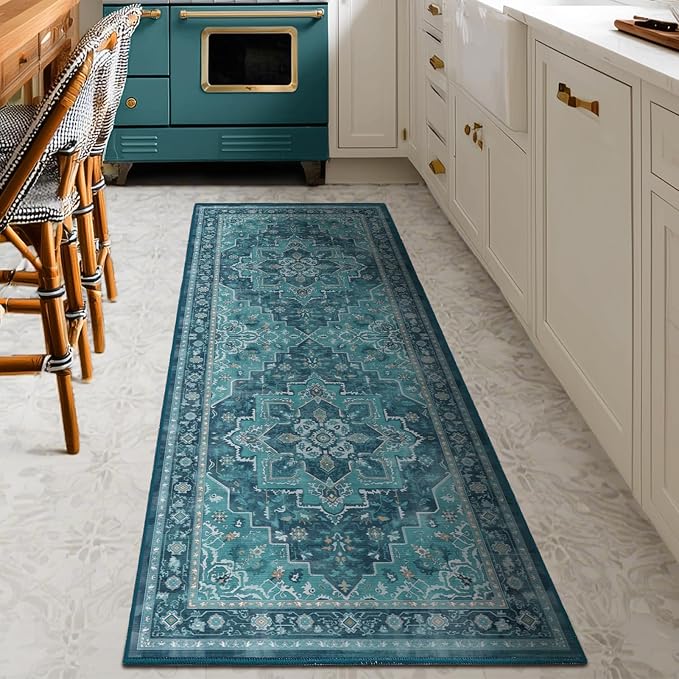 Teal 2x6 Runners for Kichen Floor Washable Non Skid, Boho Hallway Runner Rug for Entryway Front Door Foyer Mudroom, Vintage Medallion Carpet Runners 6ft for Bedroom Bathroom Laundry Room