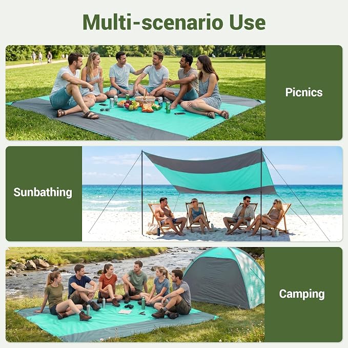 Wolfwise 78" × 108" XXL Beach Blanket, Waterproof & Sandproof Picnic Mat with 4 Sand Pockets & 4 Stakes, Windproof Outdoor Camping Beach Mat, Lightweight, Fits 6 People, Pink