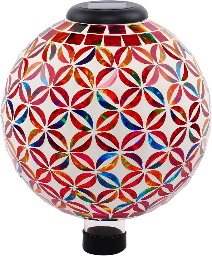 SAVENNA Mosaic Solar Gazing Ball 10 Inch, Glass Garden Globe with Auto On/Off for Yard, Lawn & Outdoor Decor, Multicolor Geometric