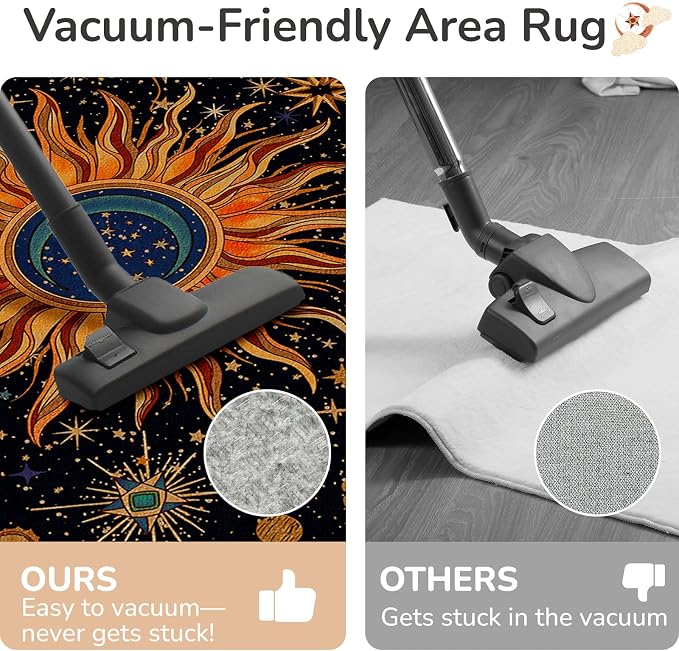 Vacuum-Friendly, 5x7 Washable Area Rug, Black Purple Gold | Sun and Moon Boho Gothic Non-Slip Low Pile Living Roon Bedroom Dining Room Kitchen Entry Entryway Entrance Hallway Doormat