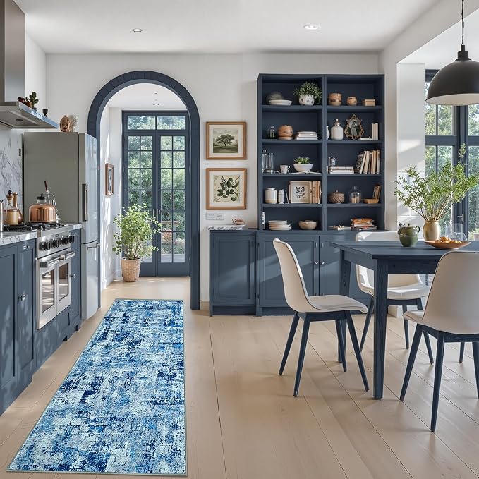 Toneed Washable 2x6 Non-Slip Abstract Runner Rug for Hallway Kitchen | Soft Modern Low Pile Area Rugs for Bedroom Laundry Living room,Indoor Carpet for Bedside Home Decor, Denim Blue