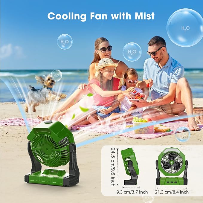 Ausic Portable Misting Camping Fans, [Max 35H Runtime] Outdoor Cooling Fan for Patios, 8 Inch Battery Operated Rechargeable Fans, Water Spray Fan with LED Light, Travel Beach Camp Essential