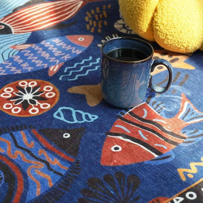 jinchan 2x3 Coastal Area Rug Washable Kids Rug Colorful Ocean Fish Mat Blue | Soft, Cozy, Non-Slip, Kid-Friendly, Lightweight, Entryway, Small Mat, Kitchen, Dorm, Bedroom, Laundry Room, Bathroom, Nursery