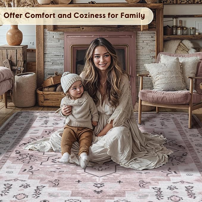 LBRO2M Machine Washable Rug Soft Pet Friendly Carpet 8X10 Pink | Persian Rug 8X10 for Living Room, Bedroom, Dining Room, Home Office, Non Slip Carpet, Foldable Stain Resistant Rugs