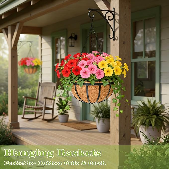 14 Inch Black Flat Iron Metal Hanging Planter Basket with Coco Coir Liner(4 Pack) Hanging Planters for Outdoor Plants Hanging Baskets for Plants Flower Pots for Deck Patio Porch Garden Balcony