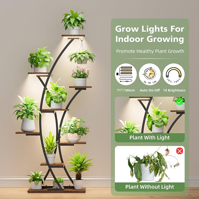 Plant Stand Indoor with Grow Lights: 64" 2 Pack Large Plant Stands, 8 Tiered Curved Plant Shelf for Indoor Plants Multiple, Tall Lighted Corner Display Stands, Flower Holder for Living Room, Patio