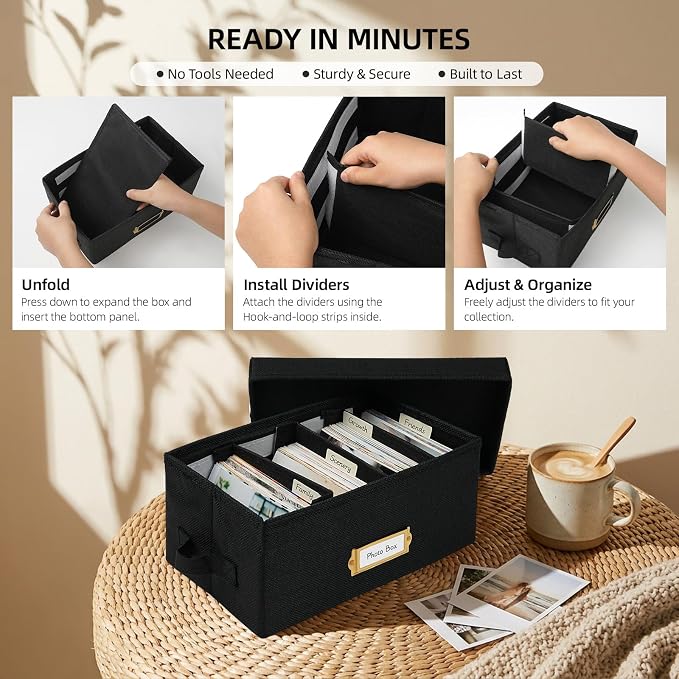 Linen Photo Storage Box with Adjustable Hook and Loop Dividers, Holds 850 4"x6" Photos, Collapsible Picture Organizer with Handle and Label Stickers, Memory Keepsake Box for Women, Black