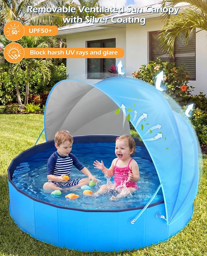 Jasonwell Kiddie Baby Pool with Canopy - Foldable Infant Toddler Kids Pool with Shade Baby Beach Essentials Tent Swimming Wading Pools for Toddlers 1-3 + Kids Dogs Ball Pit Backyard Water Play B, 79"