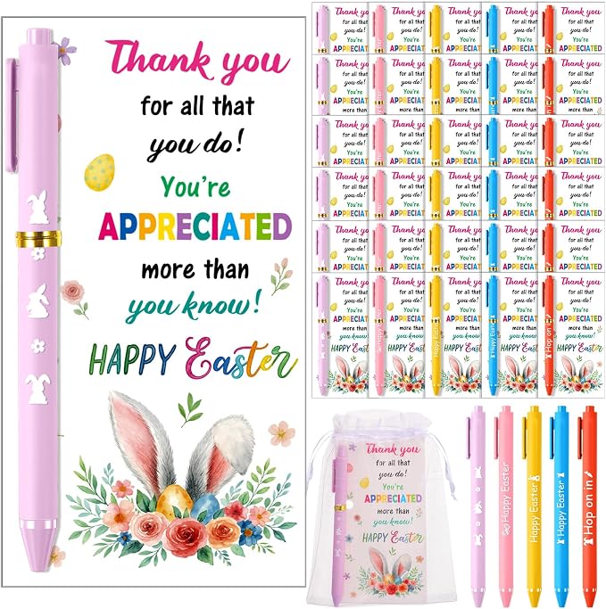 Marspark 30 Set Colorful Easter Gifts Bulk Happy Easter Ballpoint Pens and Bunny Eggs Greeting Cards with Bags Twist Ties Appreciation Gifts for Coworker Teacher Student School Office Party Favor