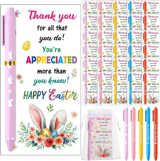 Marspark 30 Set Colorful Easter Gifts Bulk Happy Easter Ballpoint Pens and Bunny Eggs Greeting Cards with Bags Twist Ties Appreciation Gifts for Coworker Teacher Student School Office Party Favor
