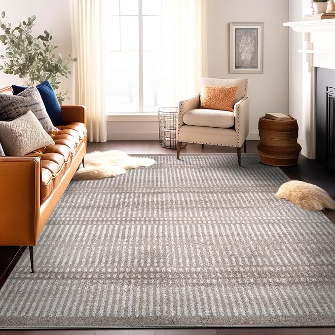 Rugshop Contemporary Stripe Lines High Traffic Area Rug Beige 7'10" x 10' | Rectangular, Size 7'10" x 10', Living Room, Bedroom, Dining Room, Home Office, Kitchen, Entryway, Hallway, Nursery, Kids Room