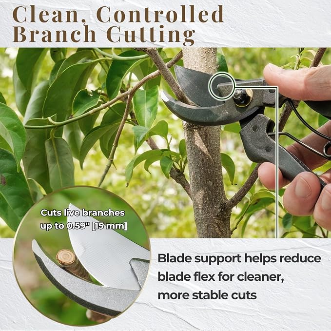 Wablade Japanese Pruning Shears Made in Japan, 7.9 Inch Bypass Hand Pruner for Live Branches up to 0.59 Inch, Forged Alloy Steel Blade Garden Shears for Clean, Controlled Cutting (Cusion-Spring Model)