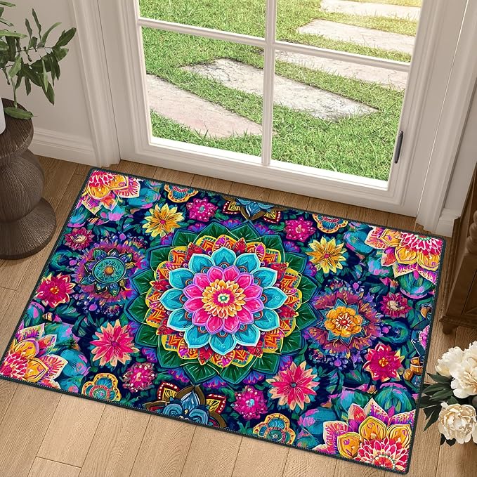 Vibrant Multicolor Mandala Floral 2x3 Entry Rug,Washable Small Rugs for Entryway Kitchen Bathroom Door Mat Indoor Entrance,Non Slip Rubber Backing,Stain & Fade Resistant,Boho Psychedelic Decor
