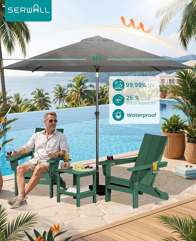 SERWALL Modern Folding Adirondack Chair Set with 9 Ft Umbrella, Folable Adirondack Chairs Set of 2 with Cup Holders, HDPE Fire Pit Chairs for Patio Lawn Garden, Green (Umbrella Base is not Included)
