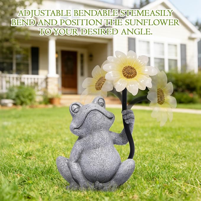 basen Solar Frog Garden Statue with Sunflower Light, Outdoor Solar Frog Figurine Decor for Yard Lawn Patio, Resin Frog Sculpture with LED Solar Lantern for Garden Landscape Ornament