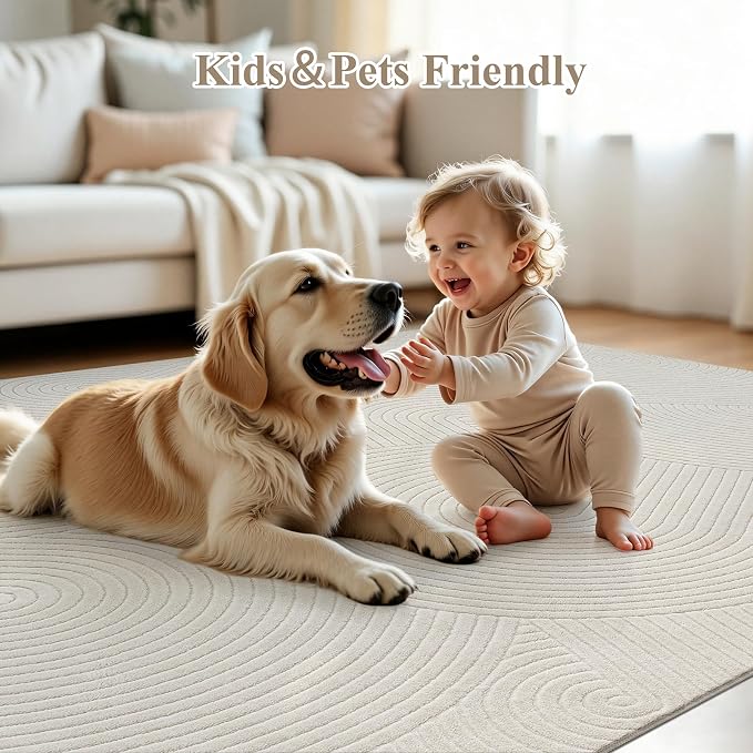 U'Artlines 8x10ft Washable Area Rug for Living Room, Beige | Minimalist Modern, Soft Fluffy, Non Slip High-Low Pile Rug for Bedroom, Carpet for Dining Area, Kids Nursery Room