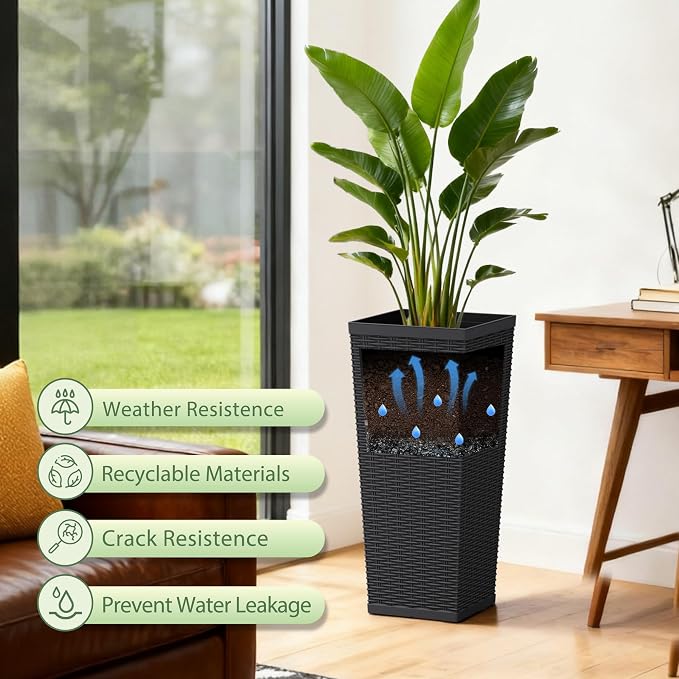 30 Inch Tall Plastic Planters(Set of 2), Detachable Inner Pot & Drainage Holes, Outdoor Decorative Flower Pots for Large Plants, Trees, Patio, and Garden, Black
