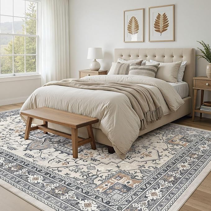 UERMEI 5x7 Area Rug Living Room Rugs - Washable Vintage Soft Large Rug Indoor Floor No Slip Rug Carpet for Bedroom Farmhouse Under Dining Table Home Office Decor - Grey-Orange