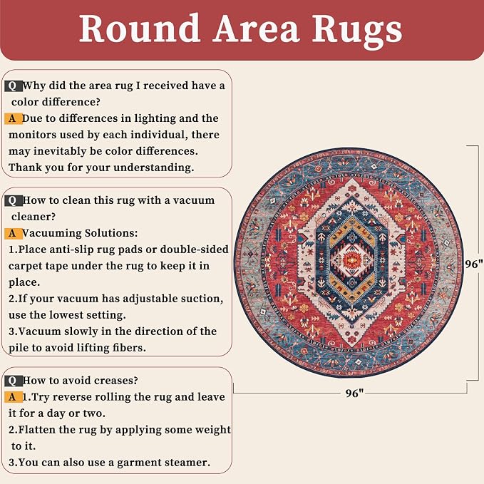 SERISSA 8ft Washable Non Slip Round Boho Area Rug for Living Room，Rust | Ultra Soft Vintage Oriental Carpet Low-Pile Large Circular Carpet for Bedroom Dining Room Kids Room Office College Dorm