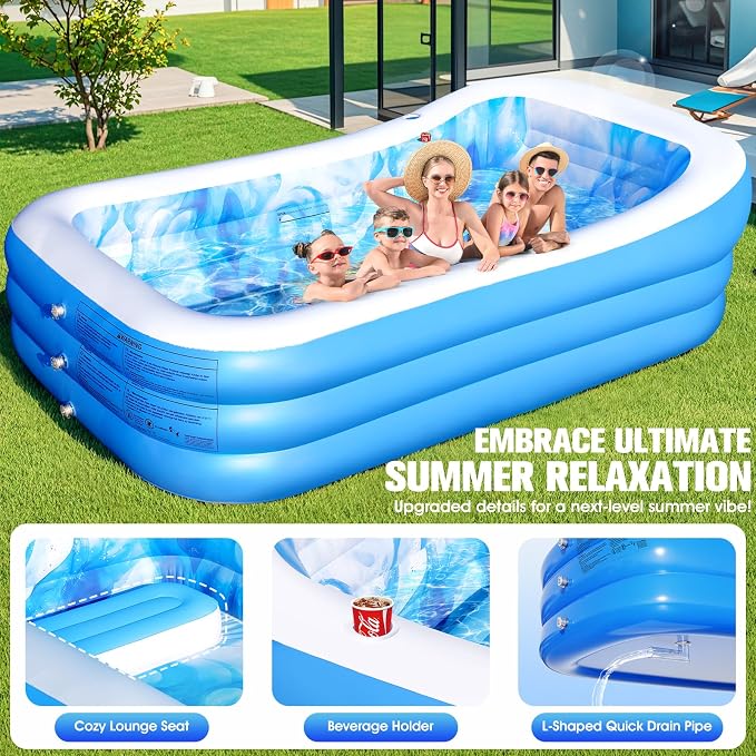 Inflatable Pool with Seat & Headrest,Large Blow Up Pool98x63x21.6IN | Oversized Thickened Blow Up Pool for Audlt,Inflatable Backyard Audlt Pool,Durable Swim Center Inflatable Family Lounge Pool