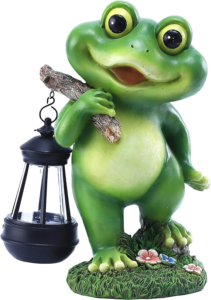 Outdoor Frog Garden Decor: 11'' Yard Decoration with Solar Lantern Funny Frog Statue Gifts for Women Mother's Day Housewarming Gift