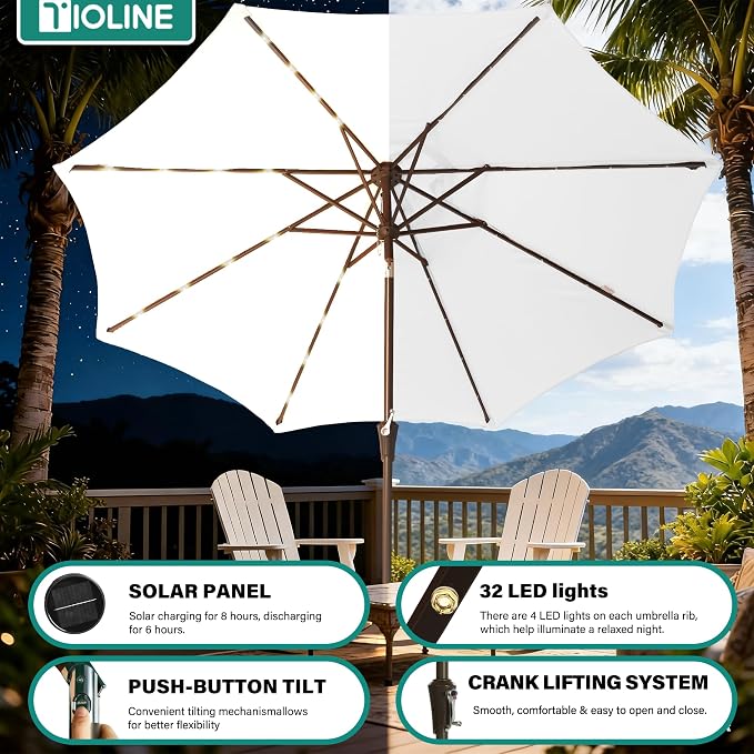 9FT Solar-Powered LED Patio Umbrella with Tilt Crank,Outdoor Market Umbrella with 32 Lights,Sunshade for Deck, Garden and Pool