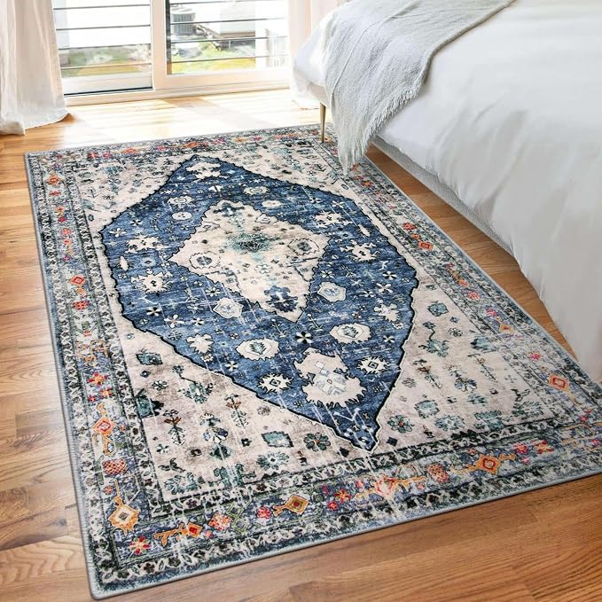 Lahome Felice Boho Tribal Area Rug - 3x5 Blue Living Room Rug Soft Non Slip Washable Office Mat, Low Pile Oriental Entry Way Carpet for Kitchen Sink Bedside Coffee Table Studio Apartment, Blue