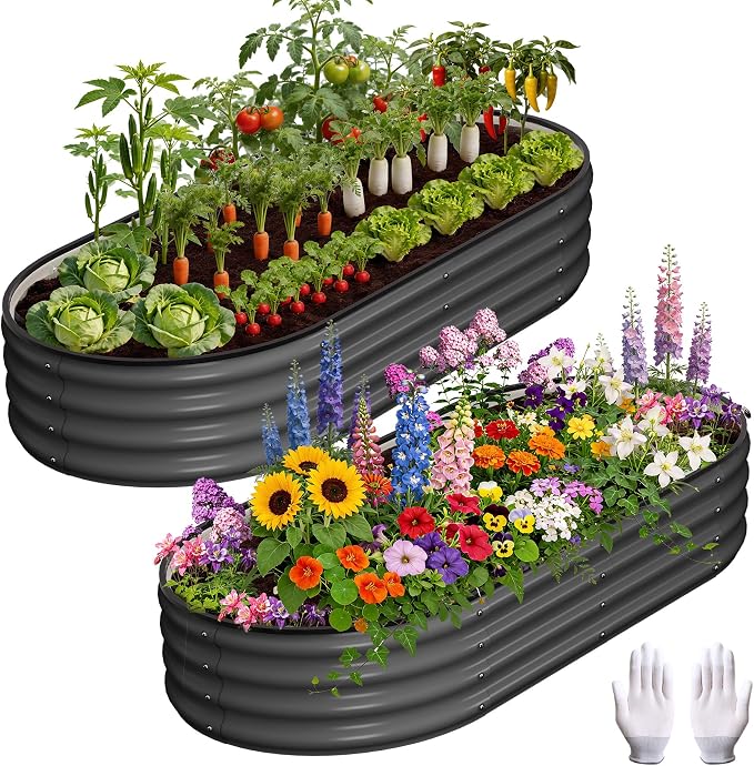 Garvee Galvanized Raised Garden Bed, 2Pcs Raised Garden Beds Outdoor, Oval Planter Raised Beds with Gloves and Rubber Edge Trim for Vegetables, Flowers and Herbs, 4x2x1 FT, Dark Grey