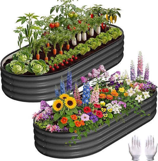 Garvee Galvanized Raised Garden Bed, 2Pcs Raised Garden Beds Outdoor, Oval Planter Raised Beds with Gloves and Rubber Edge Trim for Vegetables, Flowers and Herbs, 4x2x1 FT, Dark Grey