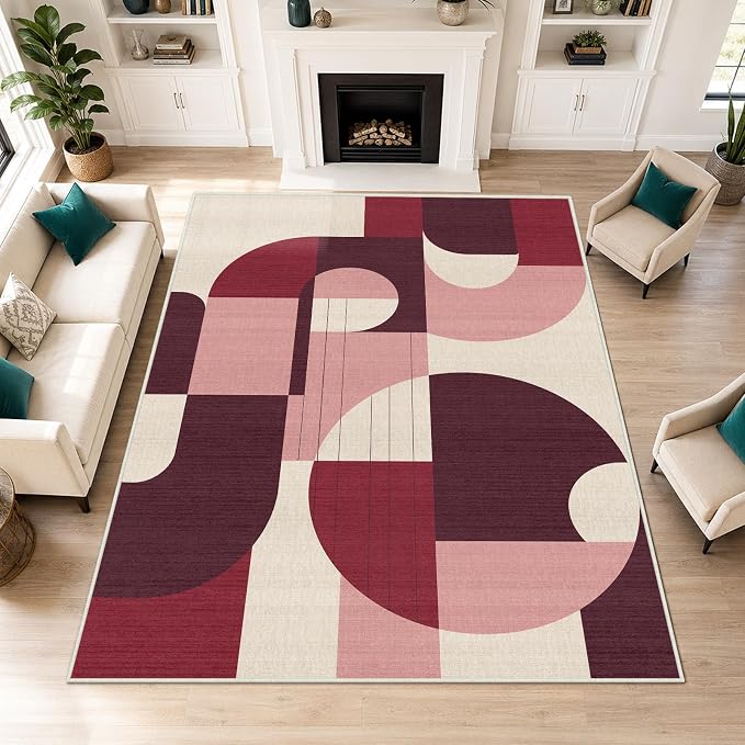 5x7 Burgundy and Pink Geometric Area Rug for Living Room Bedroom Dark Abstract Modern Large Rug Machine Washable Non-Slip Carpet for Dining Room Office