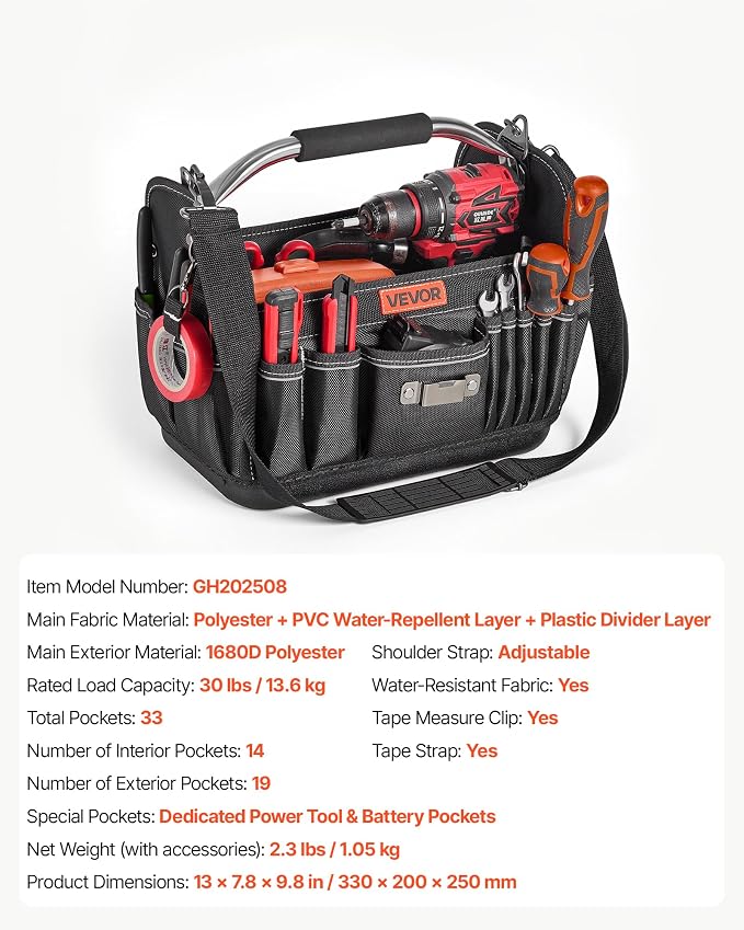 VEVOR Tool Bag, 13 Inch, 33-Pocket Open Top Tool Tote, Portable Electrical Maintenance Toolbox Organizer Storage with Hard Plastic Base, Adjustable Shoulder Strap, for Professionals DIY & Jobsite Use
