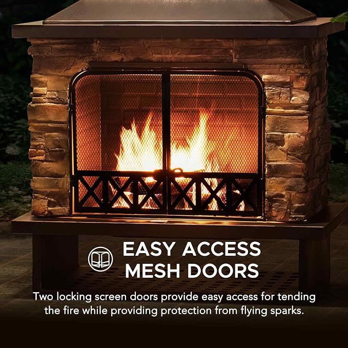 Sunjoy Outdoor Fireplace, Heavy Duty Patio Wood Burning Fireplace with Steel Chimney, Mesh Spark Screen Doors, Removable Grate and Fire Poker, Black