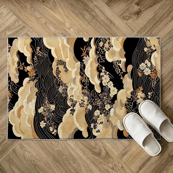 2x3 Black Area Rugs Boho Japanese Rug for Bathroom Kitchen Entryway Indoor Soft Non-Slip Thin Carpet Modern Abstract Rugs for Office Dining Room Under Table Washable Machine