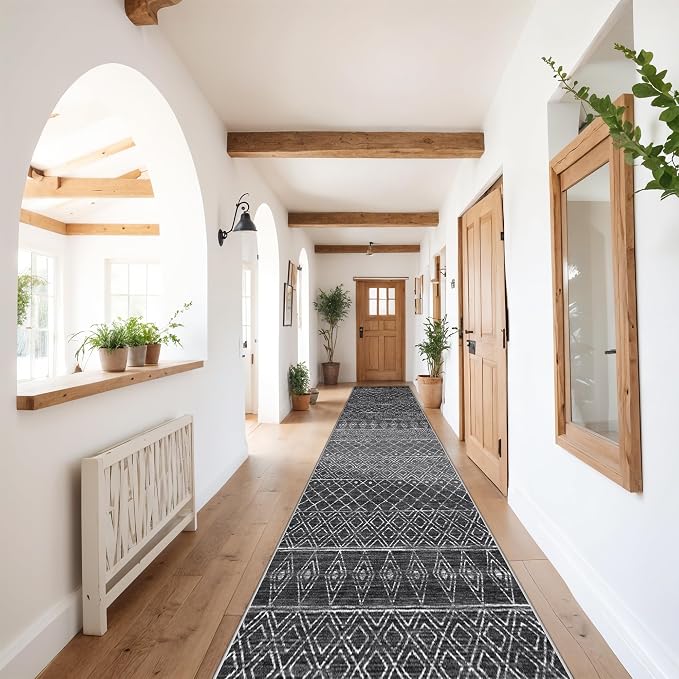 Moroccan 2'6"x12' Hallway Runner Rug: Washable Non Slip Bedroom Rugs Black | Soft Long Low Pile Farmhouse Neutral Carpet with Rubber Backing for Entryway Kitchen Laundry